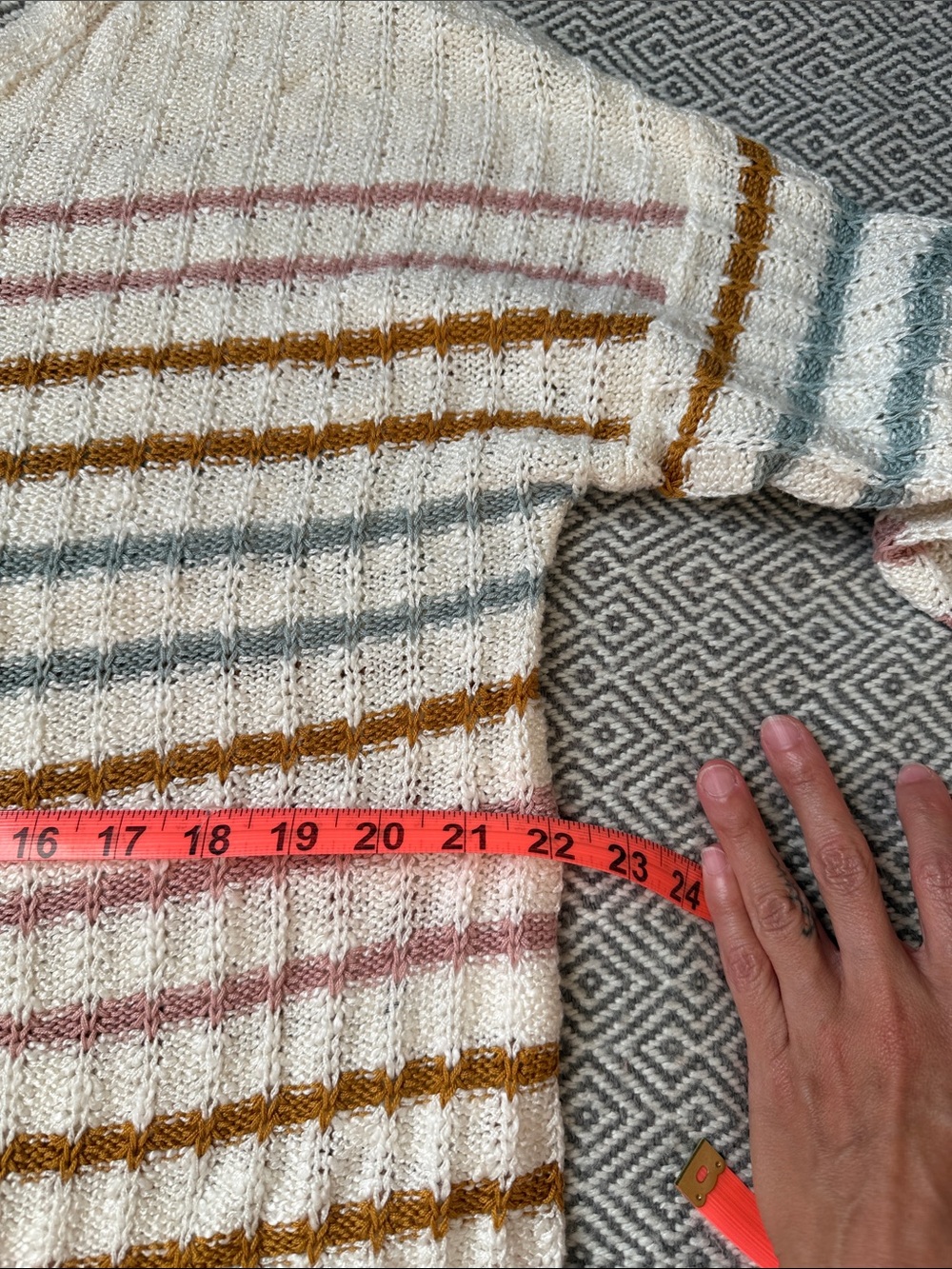 Kohl's Cream Sweater with Pink, Mustard and Light Blue Stripes - Picture 10 of 12